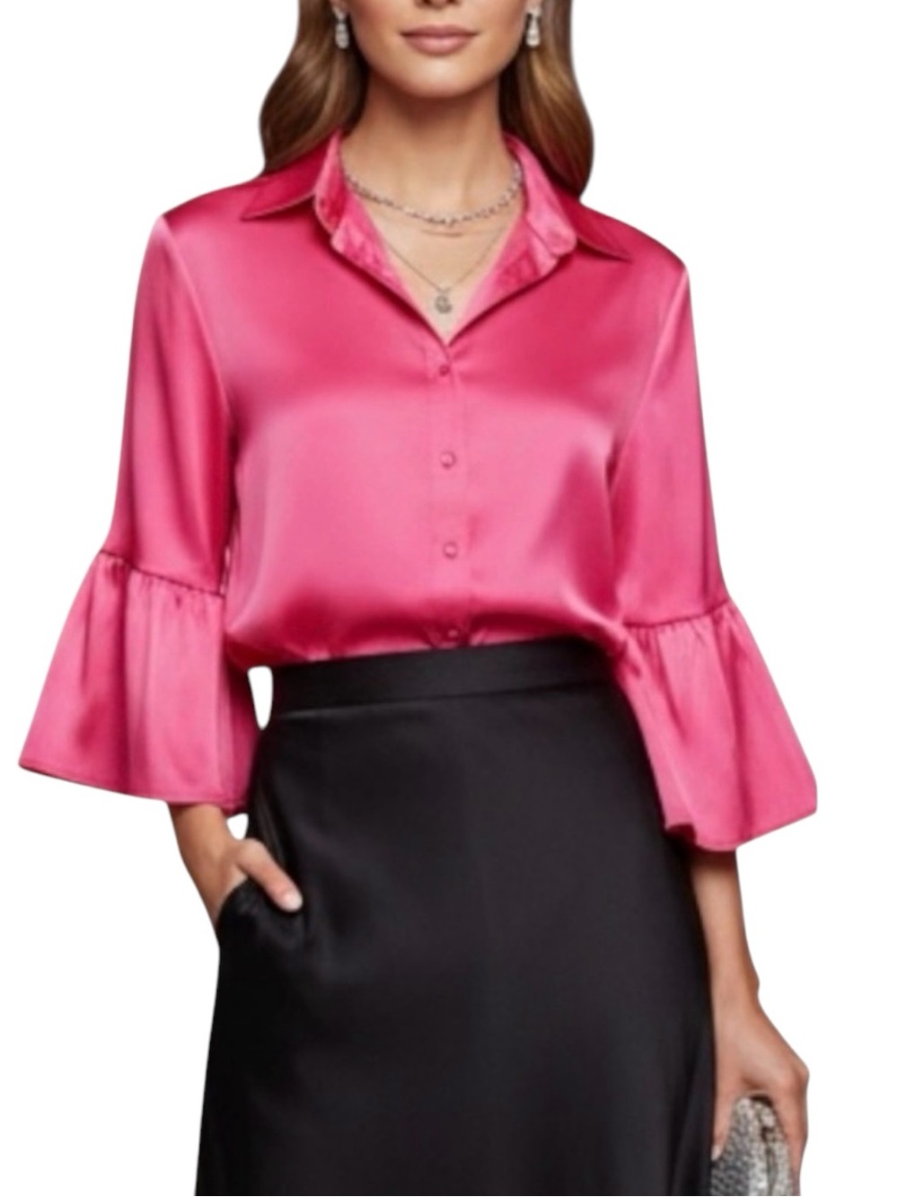 NWT FINLEY Naomi Satin Blouse Ruffle Bell Sleeve Fuschia Pink Medium